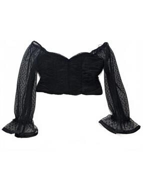 Haute Monde Black Ruched Mesh Long Sleeve Crop Top Large Goth Grunge Lace